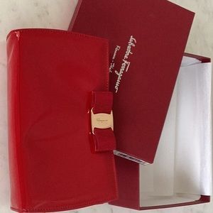 New Ferragamo evening clutch bag,cherry red patent leather with shoulder chain.